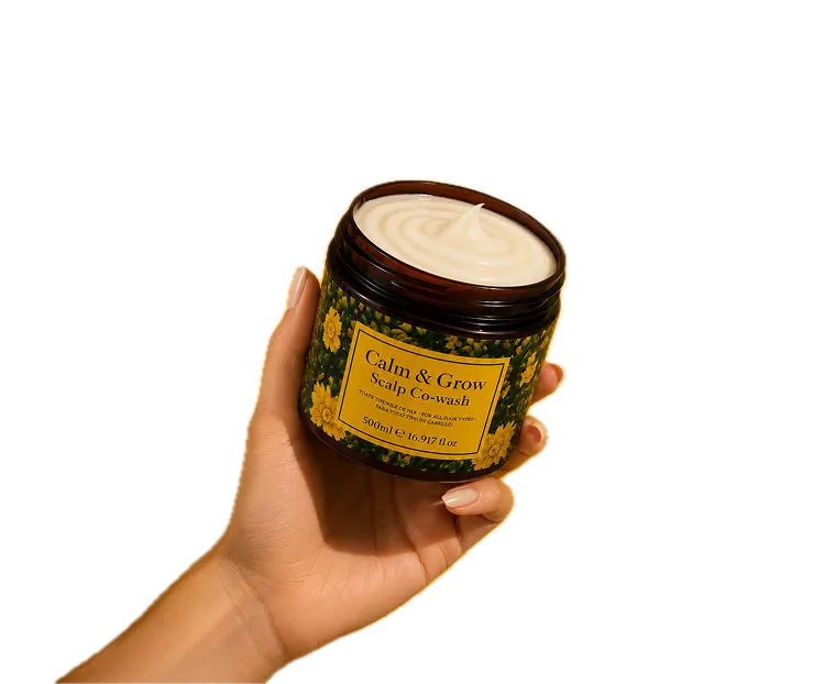 Mână care ține borcanul deschis Calm & Grow Scalp Co-wash